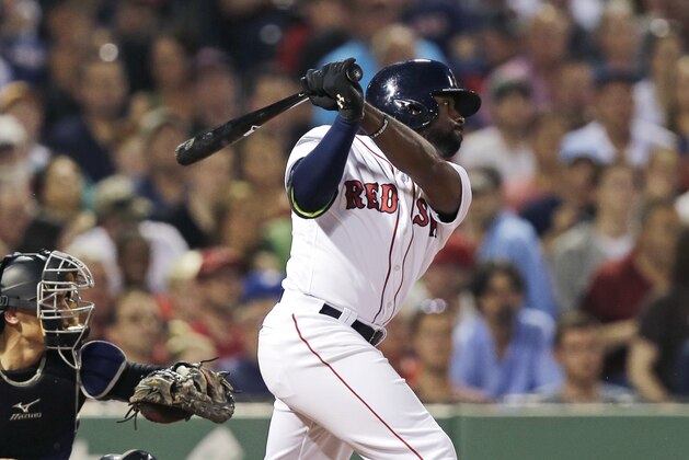 Boston Red Sox's Jackie Bradley Jr. hits during the fourth inning of a baseball game against the Colorado Rockies in Boston, Wednesday, May 25, 2016. (AP Photo/Charles Krupa)