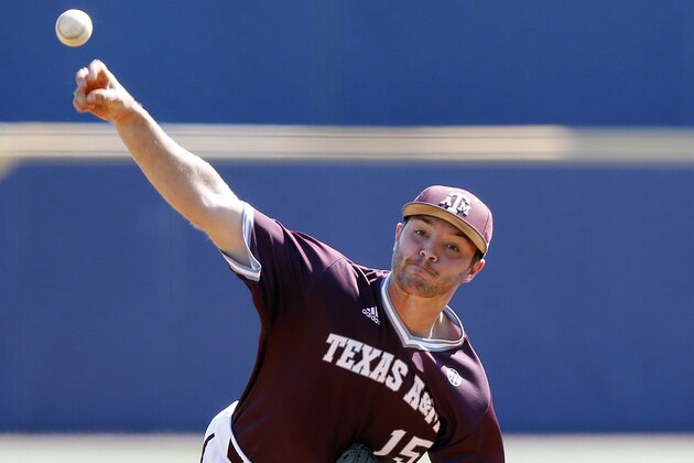 Texas A&M starting pitcher Brigham Hill, delivers the ball against South Carolina during the first inning of a game at the Southeastern Conference NCAA college baseball tournament at the Hoover Met, Thursday, May 26, 2016, in Hoover, Ala. (AP Photo/Brynn Anderson)