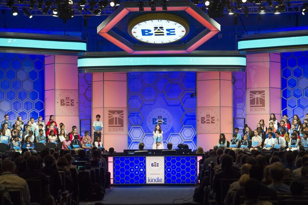 Haley Jeffers, 13, of Camarillo, Calif. spells her word during the preliminary round three of the Scripps National Spelling Bee in National Harbor, Md., Wednesday, May 25, 2016. (AP Photo/Cliff Owen)