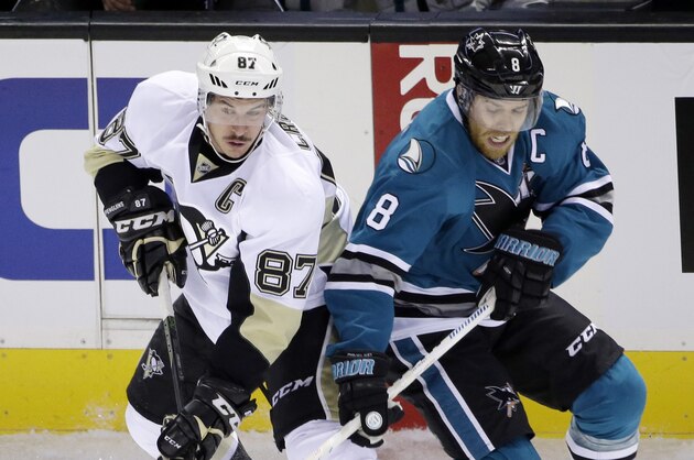 Pittsburgh Penguins center Sidney Crosby (87) in action against the San Jose Sharks' Joe Pavelski during the first period of an NHL hockey game Tuesday, Dec. 1, 2015, in San Jose, Calif. (AP Photo/Marcio Jose Sanchez)