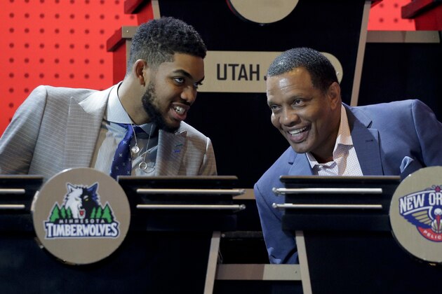 Minnesota Timberwolves center Karl-Anthony Towns, left, talks with New Orleans Pelicans head coach Alvin Gentry before the start of the NBA basketball draft lottery, Tuesday, May 17, 2016, in New York. (AP Photo/Julie Jacobson) Minnesota Timberwolves center Karl-Anthony Towns, left, talks with New Orleans Pelicans head coach Alvin Gentry before the start of the NBA basketball draft lottery, Tuesday, May 17, 2016, in New York. (AP Photo/Julie Jacobson)