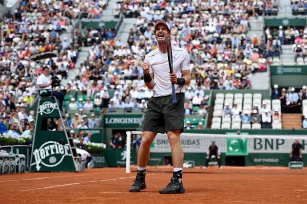 PARIS, FRANCE - MAY 27:  Andy Murray of Great Britain celebrates victory during the Men's Singles third round match against Ivo Karlovic of Croatia on day six of the 2016 French Open at Roland Garros on May 27, 2016 in Paris, France.  (Photo by Dennis Grombkowski/Getty Images)
