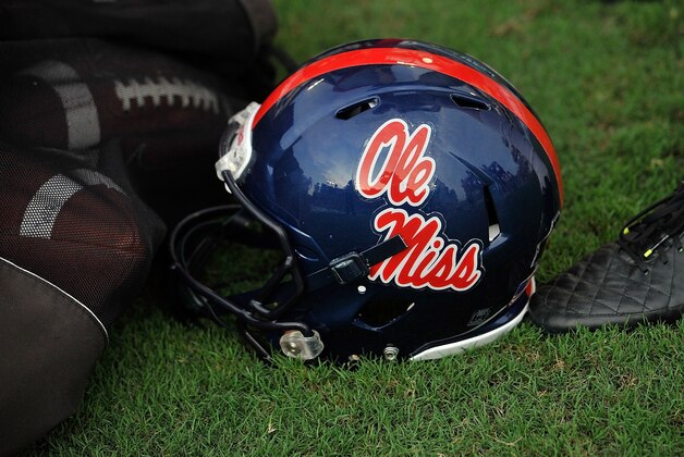 NASHVILLE, TN - SEPTEMBER 06: A helment of the Ole Miss Rebels sits on the sideline during a game against the Vanderbilt Commodores at L.P.Field on September 6, 2014 in Nashville, Tennessee.  (Photo by Frederick Breedon/Getty Images)