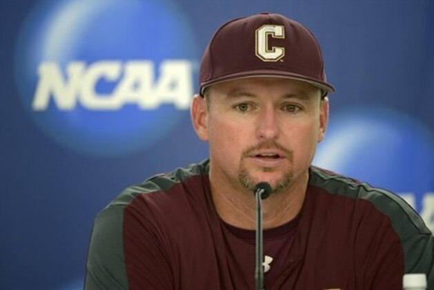 College of Charleston manager Monte Lee answers a question during a news conference after a 4-2 win over Long Beach State in an NCAA college baseball regional tournament game in Gainesville, Fla., Monday, June 2, 2014.(AP Photo/Phelan M. Ebenhack)