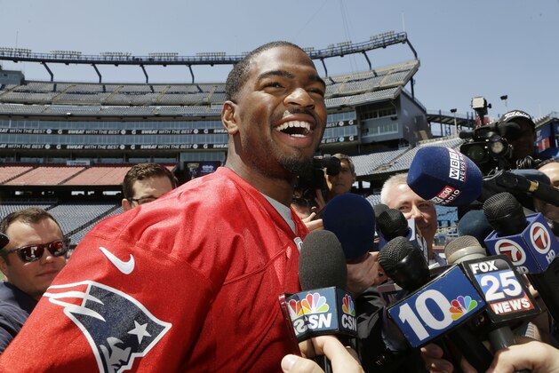 New England Patriots rookie NFL football quarterback Jacoby Brissett speaks with members of the media on the field at Gillette Stadium, Wednesday, May 11, 2016, in Foxborough, Mass. (AP Photo/Steven Senne)