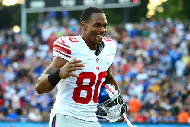 Aug 3, 2014; Canton, OH, USA; New York Giants wide receiver Victor Cruz (80) reacts prior to the 2014 Pro Football Hall of Fame game against the Buffalo Bills at Fawcett Stadium. Mandatory Credit: Andrew Weber-USA TODAY Sports