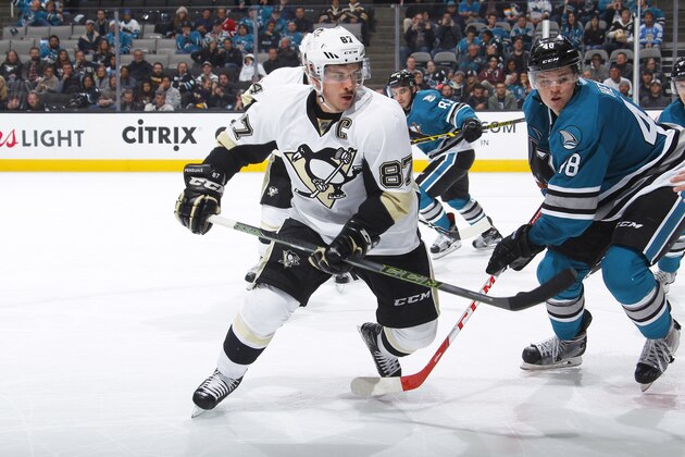 SAN JOSE, CA - DECEMBER 1: Sidney Crosby #87 of the Pittsburgh Penguins skates against Tomas Hertl #48 of the San Jose Sharks at SAP Center on December 1, 2015 in San Jose, California. (Photo by Rocky W. Widner/NHL/Getty Images)