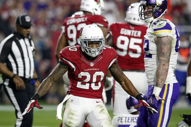 Arizona Cardinals strong safety Deone Bucannon (20) celebrates a stop against the Minnesota Vikings during the second half of an NFL football game, Thursday, Dec. 10, 2015, in Glendale, Ariz. (AP Photo/Rick Scuteri)