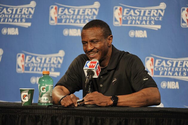 CLEVELAND, OH - MAY 25: Dwane Casey of the Toronto Raptors talks to the media after the game against the Cleveland Cavaliers in Game Five of the Eastern Confernce Finals of the 2016 NBA Playoffs on May 25, 2016 at The Quicken Loans Arena in Cleveland, Ohio. NOTE TO USER: User expressly acknowledges and agrees that, by downloading and/or using this Photograph, user is consenting to the terms and conditions of the Getty Images License Agreement. Mandatory Copyright Notice: Copyright 2016 NBAE (Photo by David Liam Kyle/NBAE via Getty Images)