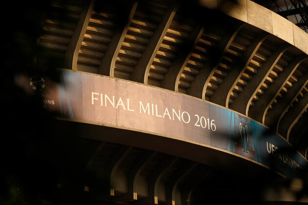 MILAN, ITALY - MAY 27:  Signage on  exterior of the stadium Stadio Giuseppe Meazza on the eve of the UEFA Champions League Final between Real Madrid and Atletico de Madrid at Stadio Giuseppe Meazza on May 27, 2016 in Milan, Italy.  (Photo by Clive Rose/Getty Images)