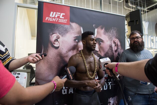 LAS VEGAS, NEVADA - MAY 27:   Aljamain Sterling speaks to the media at the Las Vegas Harley-Davidson on May 27, 2016 in Las Vegas Nevada. (Photo by Brandon Magnus/Zuffa LLC/Zuffa LLC via Getty Images)