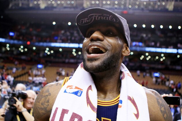 TORONTO, ON - MAY 27:  LeBron James #23 of the Cleveland Cavaliers celebrates their 113 to 87 win over the Toronto Raptors in game six of the Eastern Conference Finals during the 2016 NBA Playoffs at Air Canada Centre on May 27, 2016 in Toronto, Canada. NOTE TO USER: User expressly acknowledges and agrees that, by downloading and or using this photograph, User is consenting to the terms and conditions of the Getty Images License Agreement.  (Photo by Vaughn Ridley/Getty Images)