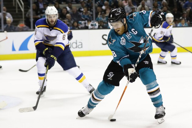 SAN JOSE, CA - MAY 25:  Joe Pavelski #8 of the San Jose Sharks controls the puck against the St. Louis Blues in Game Six of the Western Conference Final during the 2016 NHL Stanley Cup Playoffs at SAP Center on May 25, 2016 in San Jose, California.  (Photo by Ezra Shaw/Getty Images)