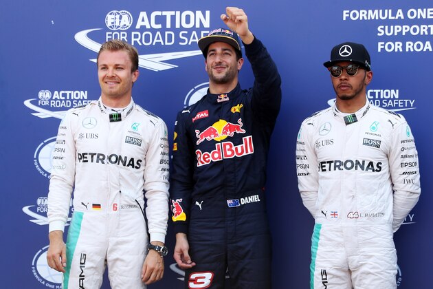 MONTE-CARLO, MONACO - MAY 28: Top three qualifiers, Daniel Ricciardo of Australia and Red Bull Racing, Nico Rosberg of Germany and Mercedes GP and Lewis Hamilton of Great Britain and Mercedes GP line up in parc ferme during qualifying for the Monaco Formula One Grand Prix at Circuit de Monaco on May 28, 2016 in Monte-Carlo, Monaco.  (Photo by Lars Baron/Getty Images)