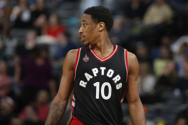 Toronto Raptors guard DeMar DeRozan (10) in the second half of an NBA basketball game Monday, Feb. 1, 2016, in Denver. The Nuggets won 112-93. (AP Photo/David Zalubowski)