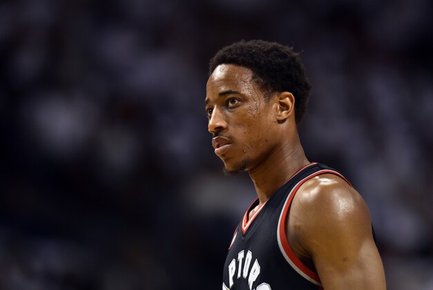 May 7, 2016; Miami, FL, USA; Toronto Raptors guard DeMar DeRozan (10) takes a breather during the third quarter in game three of the second round of the NBA Playoffs against the Miami Heat at American Airlines Arena. Mandatory Credit: Steve Mitchell-USA TODAY Sports