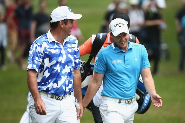 VIRGINIA WATER, ENGLAND - MAY 28:  Scott Hend of Australia and Danny Willett of England chat during day three of the BMW PGA Championship at Wentworth on May 28, 2016 in Virginia Water, England.  (Photo by Warren Little/Getty Images)