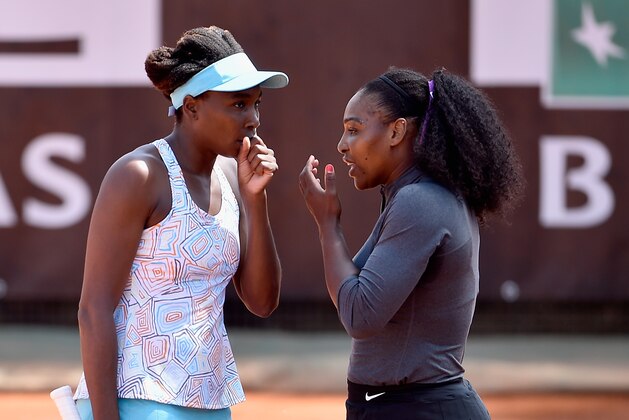 ROME, ITALY - MAY 09:  Serena and Venus Williams of the United States react during their Women's Doubles match against Andreja Klepac and Katarina Srebotnik of Slovenia on Day Two of The Internazionali BNL d'Italia 2016 on May 09, 2016 in Rome, Italy.  (Photo by Dennis Grombkowski/Getty Images)