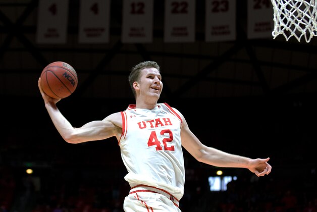 Feb 14, 2016; Salt Lake City, UT, USA; Utah Utes forward Jakob Poeltl (42) goes up for a dunk during the second half against the Washington State Cougars at Jon M. Huntsman Center. Utah won 88-47. Mandatory Credit: Russ Isabella-USA TODAY Sports