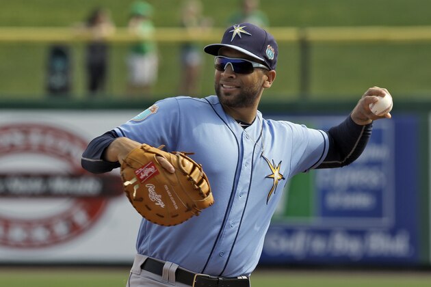 Tampa Bay Rays first baseman James Loney throws the ball while doing drills before a spring training baseball game against the Philadelphia Phillies Thursday, March 17, 2016, in Clearwater, Fla. (AP Photo/Chris O'Meara)