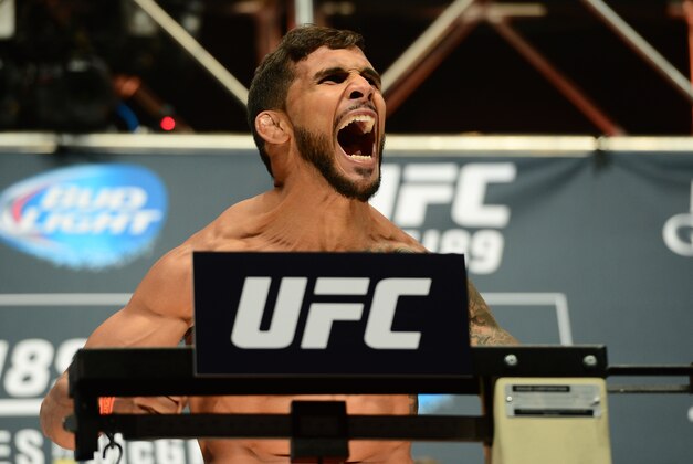 Jul 10, 2015; Las Vegas, NV, USA; Dennis Bermudez weighs in for his bout against Jeremy Stephens (not pictured) during weigh-ins for UFC 189 at MGM Grand Garden Arena. Mandatory Credit: Joe Camporeale-USA TODAY Sports