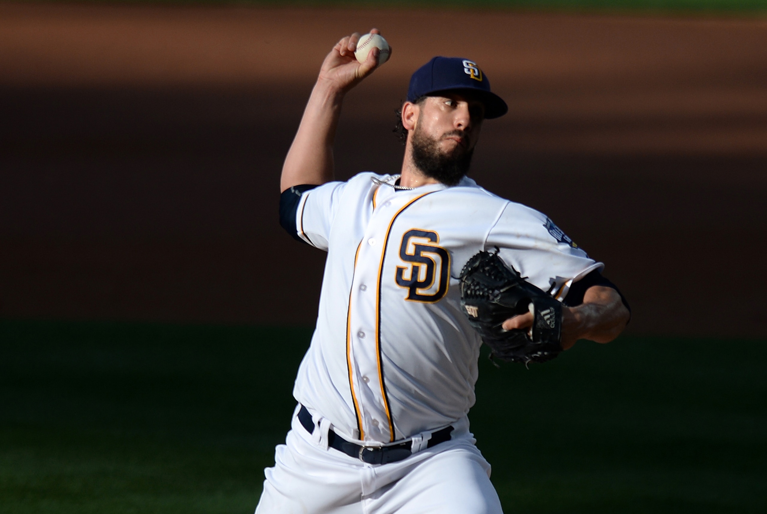 May 7, 2016; San Diego, CA, USA; San Diego Padres starting pitcher James Shields (33) pitches during the first inning against the New York Mets at Petco Park. Mandatory Credit: Jake Roth-USA TODAY Sports