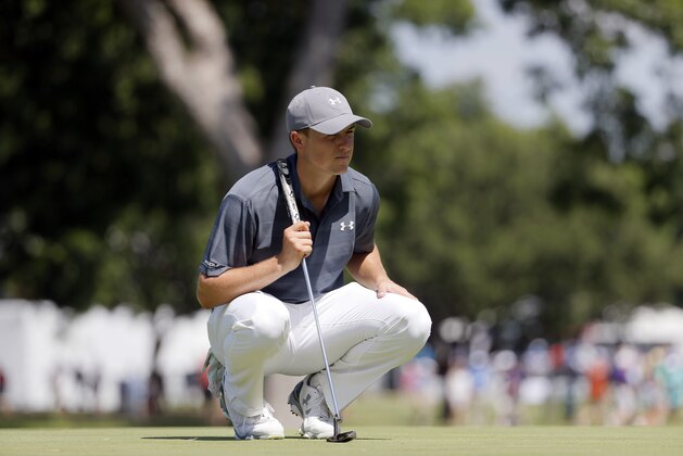 Jordan Spieth lines up his putt on the 10th green during the third round of the Dean & DeLuca Invitational golf tournament at Colonial, Saturday, May 28, 2016, in Fort Worth, Texas. (AP Photo/Tony Gutierrez)
