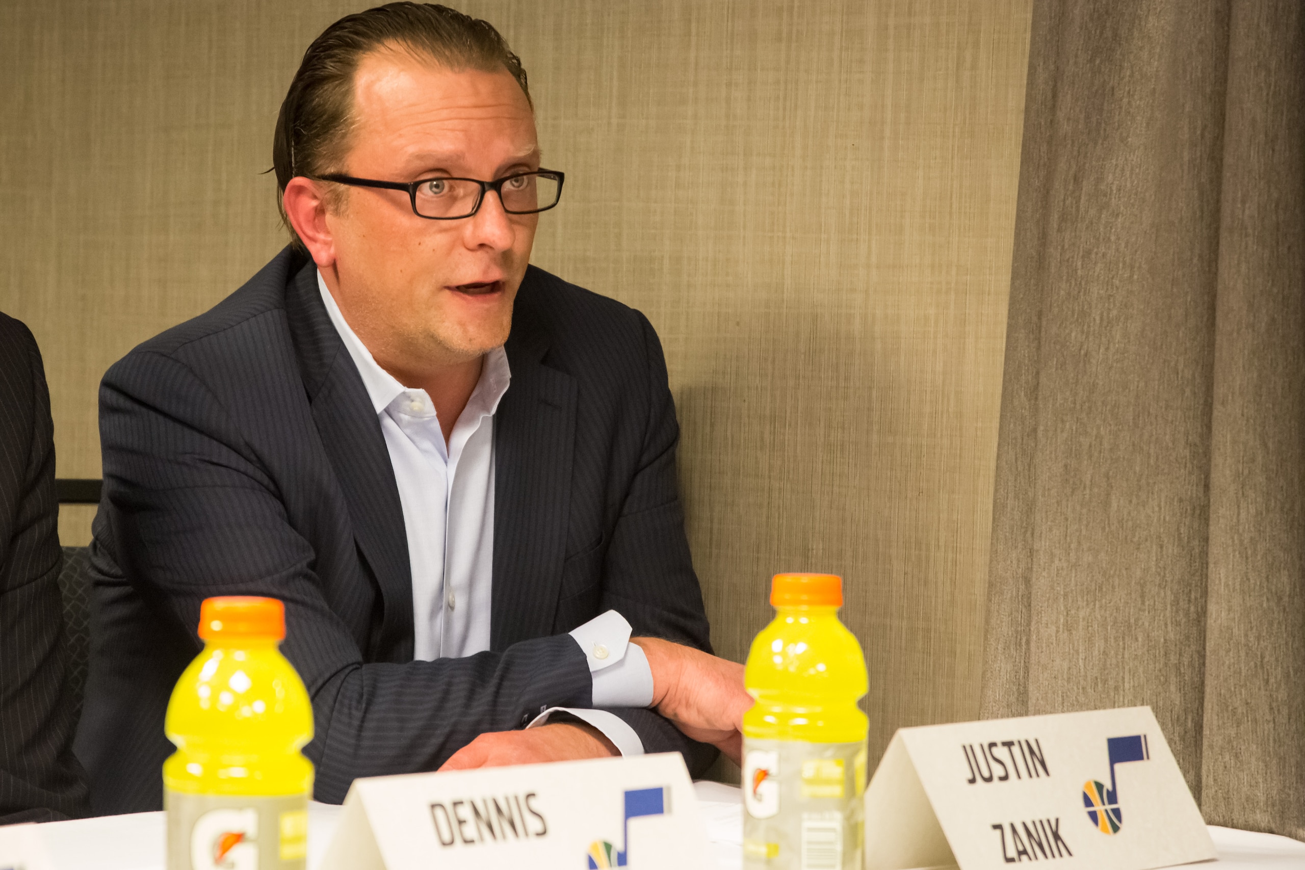 BOISE, ID - MARCH 24:  Utah Jazz Assistant General Manager Justin Zanik answers a question at a press conference announcing the purchase of the D-League's Idaho Stampede by the Utah Jazz on March 24, 2015 at the Grove Hotel in Boise, Idaho. NOTE TO USER: User expressly acknowledges and agrees that, by downloading and/or using this Photograph, user is consenting to the terms and conditions of the Getty Images License Agreement. Mandatory Copyright Notice: Copyright 2015 NBAE (Photo by Otto Kitsinger/NBAE via Getty Images)