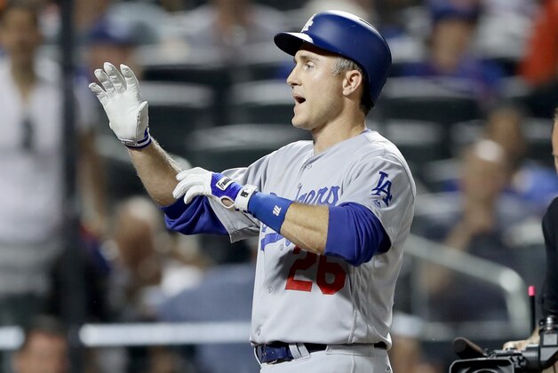 NEW YORK, NY - MAY 28:  Chase Utley #26 of the Los Angeles Dodgers celebrates his grand slam in the seventh inning against the New York Mets at Citi Field on May 28, 2016 in the Flushing neighborhood of the Queens borough of New York City.  (Photo by Elsa/Getty Images)