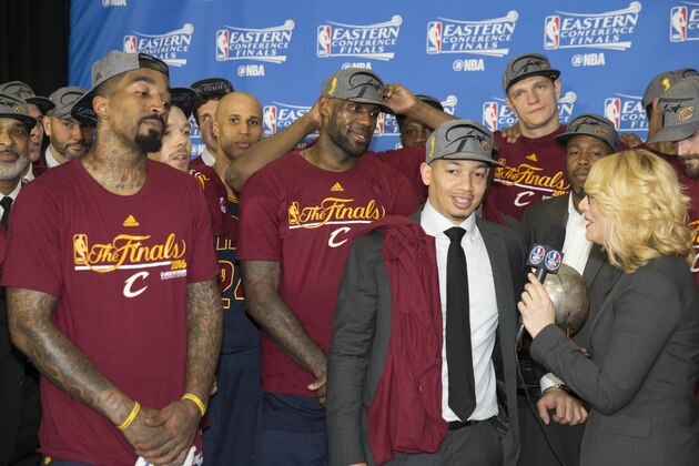 TORONTO, CANADA - MAY 27:  J.R. Smith #5 of the Cleveland Cavaliers, LeBron James #23 of the Cleveland Cavaliers and Head coach Tyronn Lue of the Cleveland Cavaliers celebrate after a victory in Game Six of the Eastern Conference Finals against the Toronto Raptors during the 2016 NBA Playoffs on May 27, 2016 at the Air Canada Centre in Toronto, Ontario, Canada.  NOTE TO USER: User expressly acknowledges and agrees that, by downloading and or using this Photograph, user is consenting to the terms and conditions of the Getty Images License Agreement.  Mandatory Copyright Notice: Copyright 2016 NBAE (Photo by Nathaniel S. Butler/NBAE via Getty Images)