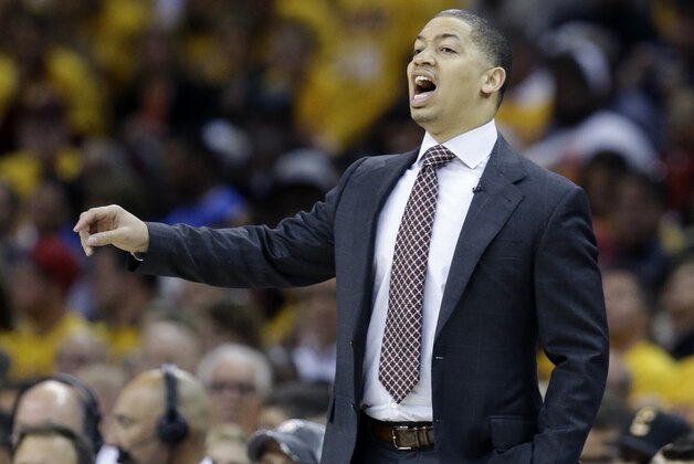 Cleveland Cavaliers head coach Tyronn Lue against the Toronto Raptors during the first half of Game 1 of the NBA basketball Eastern Conference finals, Tuesday, May 17, 2016, in Cleveland. (AP Photo/Tony Dejak)