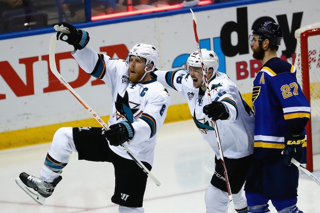 ST LOUIS, MO - MAY 23:  Joe Pavelski #8 of the San Jose Sharks celebrates with Tomas Hertl #48 after scoring a third period goal against the St. Louis Blues in Game Five of the Western Conference Final during the 2016 NHL Stanley Cup Playoffs at Scottrade Center on May 23, 2016 in St Louis, Missouri.  (Photo by Jamie Squire/Getty Images)