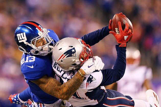 EAST RUTHERFORD, NJ - NOVEMBER 15:  Malcolm Butler #21 of the New England Patriots breaks up a pass intended for Odell Beckham #13 of the New York Giants during the second quarter at MetLife Stadium on November 15, 2015 in East Rutherford, New Jersey.  (Photo by Elsa/Getty Images)
