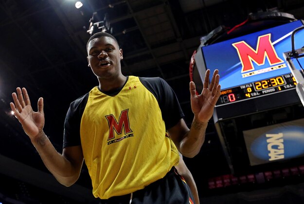 Mar 23, 2016; Louisville, KY, USA; Maryland Terrapins center Diamond Stone (33) during practice the day before the semifinals of the South regional of the NCAA Tournament at KFC YUM!. Mandatory Credit: Peter Casey-USA TODAY Sports