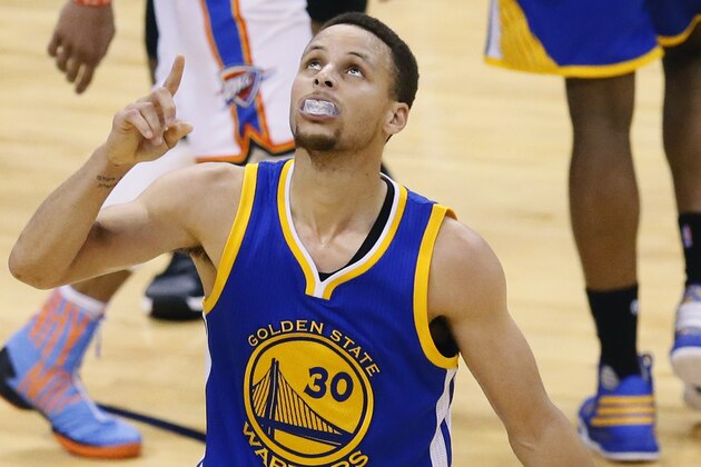 Golden State Warriors guard Stephen Curry (30) celebrates against the Oklahoma City Thunder during the second half in Game 6 of the NBA basketball Western Conference finals in Oklahoma City, Saturday, May 28, 2016. (AP Photo/Sue Ogrocki)