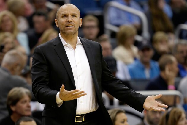 Milwaukee Bucks head coach Jason Kidd questions a call by an official during the first half of an NBA basketball game against the Orlando Magic, Monday, April 11, 2016, in Orlando, Fla. (AP Photo/John Raoux)