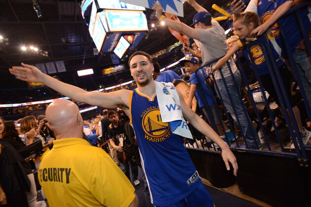 OKLAHOMA CITY, OK- MAY 28:  Klay Thompson #11 of the Golden State Warriors celebrates after a victory against the Oklahoma City Thunder in Game Six of the Western Conference Finals during the 2016 NBA Playoffs on May 28, 2016 at Chesapeake Energy Arena in Oklahoma City, Oklahoma. NOTE TO USER: User expressly acknowledges and agrees that, by downloading and or using this photograph, User is consenting to the terms and conditions of the Getty Images License Agreement. Mandatory Copyright Notice: Copyright 2016 NBAE (Photo by Noah Graham/NBAE via Getty Images)