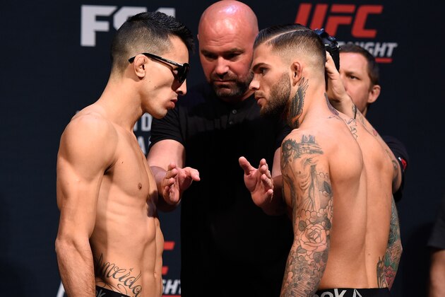 LAS VEGAS, NV - MAY 28:   (L-R) Opponents Thomas Almeida of Brazil and Cody Garbrandt face off during the UFC Fight Night weigh-in at the Mandalay Bay Events Center on May 28, 2016 in Las Vegas, Nevada. (Photo by Josh Hedges/Zuffa LLC/Zuffa LLC via Getty Images)