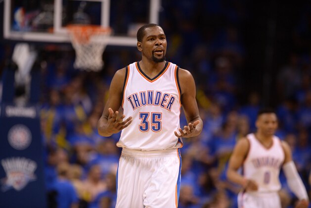 May 28, 2016; Oklahoma City, OK, USA; Oklahoma City Thunder forward Kevin Durant (35) reacts to a call in action against the Golden State Warriors during the first quarter in game six of the Western conference finals of the NBA Playoffs at Chesapeake Energy Arena. Mandatory Credit: Mark D. Smith-USA TODAY Sports