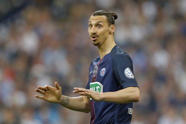 PSG's Zlatan Ibrahimovic reacts during the French Cup final soccer match between Marseille and PSG at the Stade de France Stadium, in Saint Denis, North of Paris, Saturday, May 21, 2016. (AP Photo/Francois Mori)