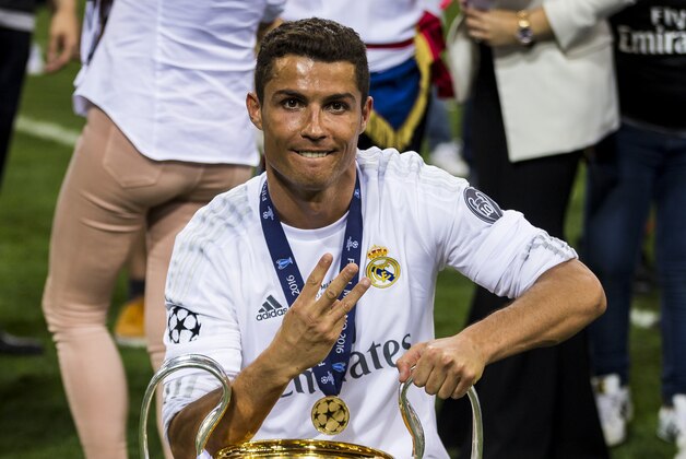 MILAN, ITALY - MAY 28: Cristiano Ronaldo of Real Madrid poses for a photo with the Champions League trophy during the UEFA Champions League Final between Real Madrid and Atletico Madrid at Stadio Giuseppe Meazza on May 28, 2016 in Milan, Italy. (Photo by MICHAEL CAMPANELLA/Getty Images)