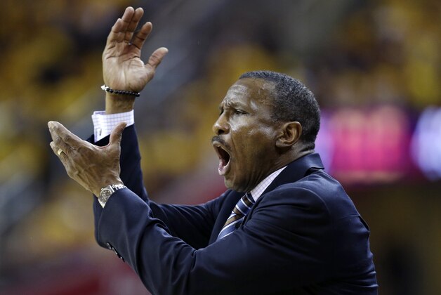 Toronto Raptors coach Dwane Casey looks for a call during the first half of Game 5 of the NBA basketball Eastern Conference finals against the Cleveland Cavaliers on Wednesday, May 25, 2016, in Cleveland. (AP Photo/Tony Dejak)