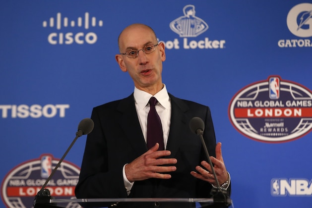 Commissioner of the NBA Adam Silver speaks to the media ahead of a regular season basketball game between Orlando Magic and Toronto Raptors at the O2 arena in London, Thursday, Jan. 14, 2016. (AP Photo/Alastair Grant)