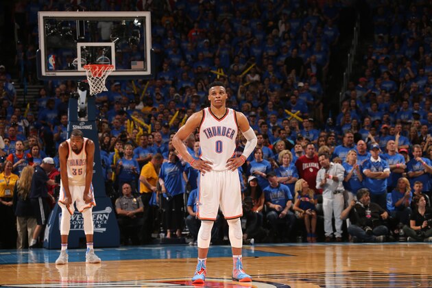 OKLAHOMA CITY, OK- MAY 28:  Russell Westbrook #0 of the Oklahoma City Thunder stands on the court during the game against the Golden State Warriors in Game Six of the Western Conference Finals during the 2016 NBA Playoffs on May 28, 2016 at Chesapeake Energy Arena in Oklahoma City, Oklahoma. NOTE TO USER: User expressly acknowledges and agrees that, by downloading and or using this photograph, User is consenting to the terms and conditions of the Getty Images License Agreement. Mandatory Copyright Notice: Copyright 2016 NBAE (Photo by Layne Murdoch/NBAE via Getty Images)