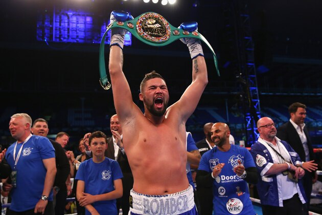 LIVERPOOL, ENGLAND - MAY 29:  Tony Bellew celebrates after stopping Illunga Makabu in the second round to win the Vacant WBC World Cruiserweight Championship fight between Tony Bellew and Illunga Makabu at Goodison Park on May 29, 2016 in Liverpool, England.  (Photo by Alex Livesey/Getty Images)