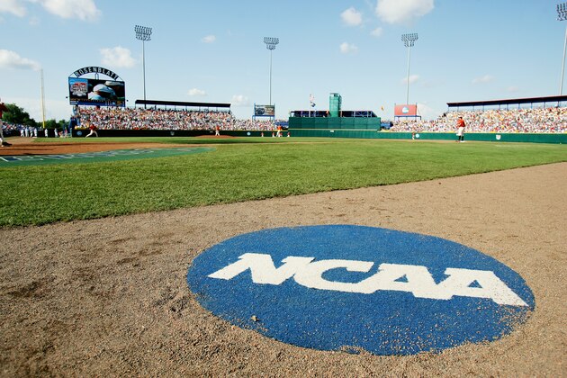 OMAHA, NE - JUNE 24: The NCAA logo is shown on the field before the Oregon State Beavers game against the North Carolina Tar Heels during game one of the NCAA College World Series Baseball Championship at Rosenblatt Stadium on June 24, 2006 in Omaha, Nebraska. The Tar Heels defeated the Beavers 4-3. (Photo by Doug Pensinger/Getty Images) OMAHA, NE - JUNE 24: The NCAA logo is shown on the field before the Oregon State Beavers game against the North Carolina Tar Heels during game one of the NCAA College World Series Baseball Championship at Rosenblatt Stadium on June 24, 2006 in Omaha, Nebraska. The Tar Heels defeated the Beavers 4-3. (Photo by Doug Pensinger/Getty Images)