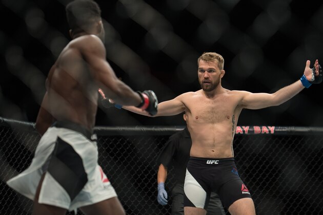 LAS VEGAS, NV - MAY 29:   (R-L) Bryan Caraway taunts Aljamain Sterling in their bantamweight bout during the UFC Fight Night event inside the Mandalay Bay Events Center on May 29, 2016 in Las Vegas, Nevada. (Photo by Brandon Magnus/Zuffa LLC/Zuffa LLC via Getty Images)