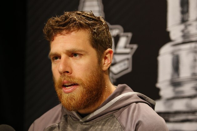 PITTSBURGH, PA - MAY 29: Joe Pavelski #8 of the San Jose Sharks addresses the media during the NHL Stanley Cup Final Media Day at Consol Energy Center on May 29, 2016 in Pittsburgh, Pennsylvania. (Photo by Justin K. Aller/Getty Images)