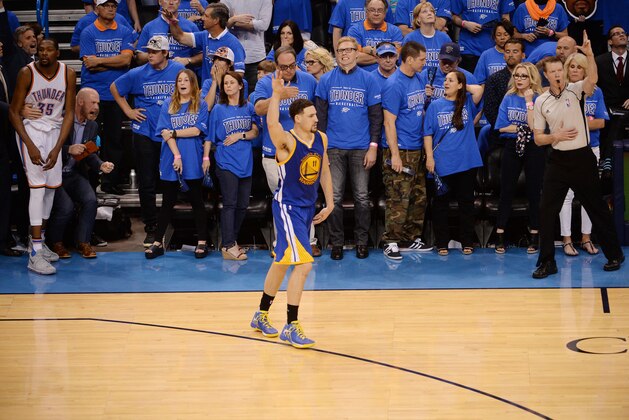 OKLAHOMA CITY, OK- MAY 28:  Klay Thompson #11 of the Golden State Warriors celebrates during the game against the Oklahoma City Thunder in Game Six of the Western Conference Finals during the 2016 NBA Playoffs on May 28, 2016 at Chesapeake Energy Arena in Oklahoma City, Oklahoma. NOTE TO USER: User expressly acknowledges and agrees that, by downloading and or using this photograph, User is consenting to the terms and conditions of the Getty Images License Agreement. Mandatory Copyright Notice: Copyright 2016 NBAE (Photo by Noah Graham/NBAE via Getty Images)