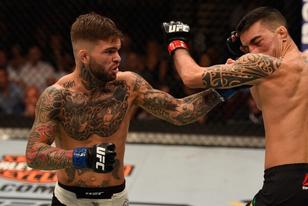 LAS VEGAS, NV - MAY 29:  (L-R) Cody Garbrandt punches Thomas Almeida of Brazil in their bantamweight bout during the UFC Fight Night event inside the Mandalay Bay Events Center on May 29, 2016 in Las Vegas, Nevada.  (Photo by Josh Hedges/Zuffa LLC/Zuffa LLC via Getty Images)